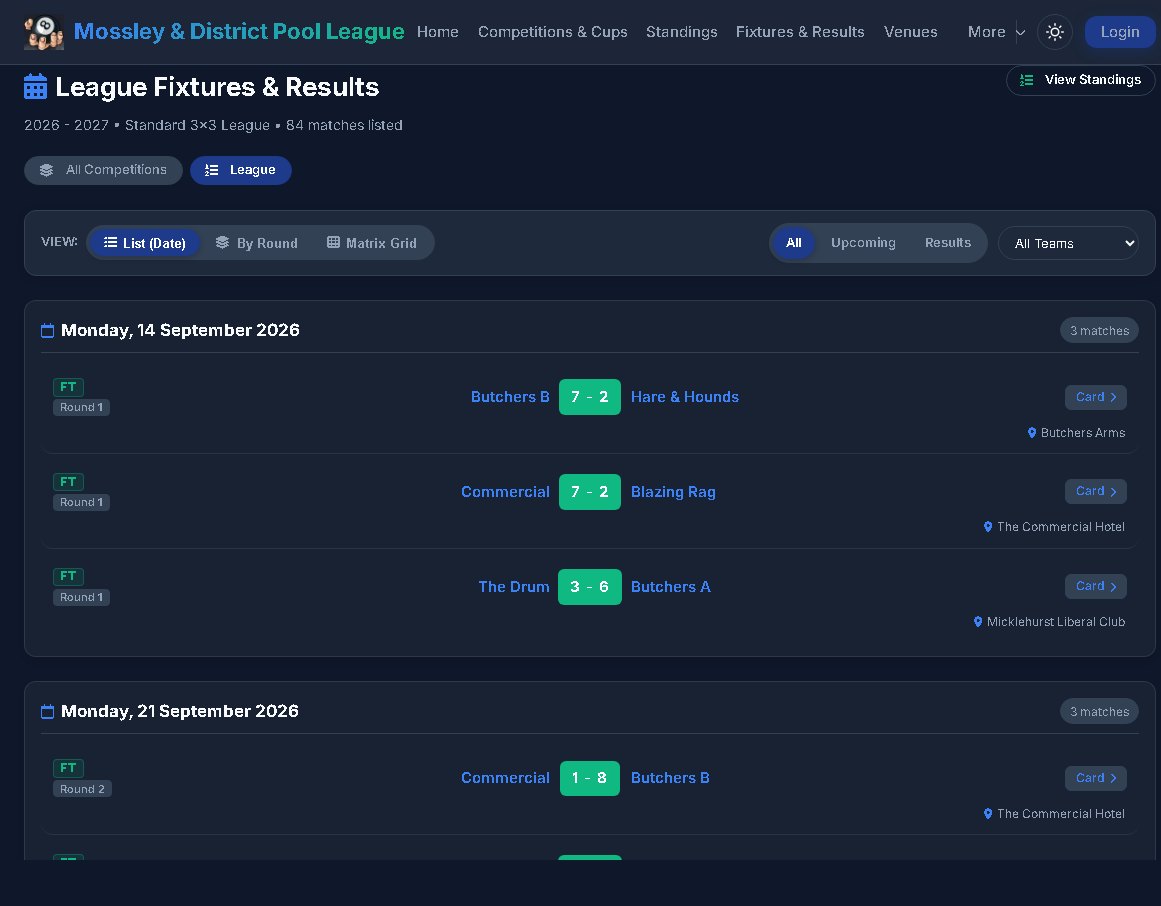 Fixtures and results list on the live demo