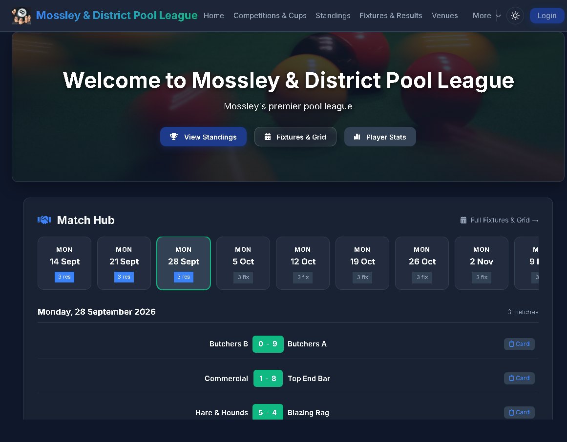 Pool League Pro public homepage with Match Hub and results